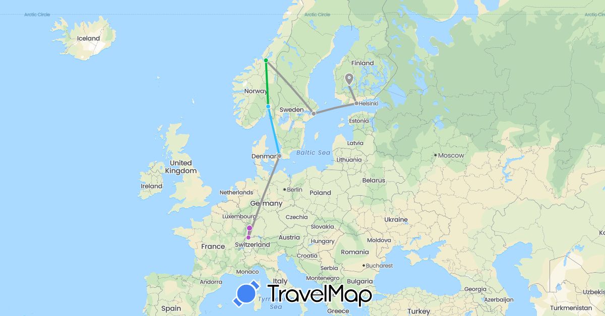 TravelMap itinerary: driving, bus, plane, train, boat in Switzerland, Denmark, Finland, France, Norway, Sweden (Europe)