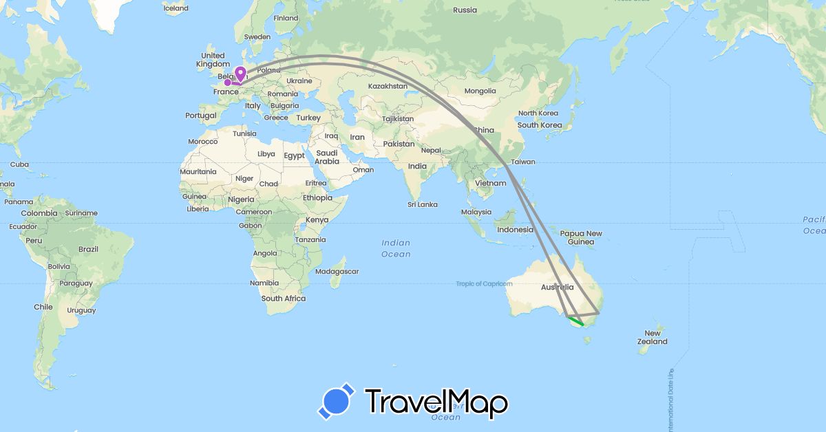 TravelMap itinerary: bus, plane, train in Australia, France, Hong Kong (Asia, Europe, Oceania)